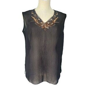 Lady Mei Black Sheer Sleeveless Embroidered Neckline Blouse Top Size L